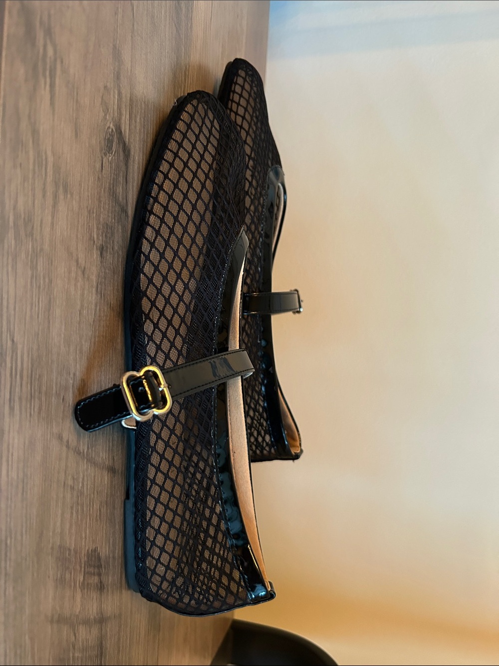 Journee Collection Black Mesh Mary Jane Flats with Gold Buckle
